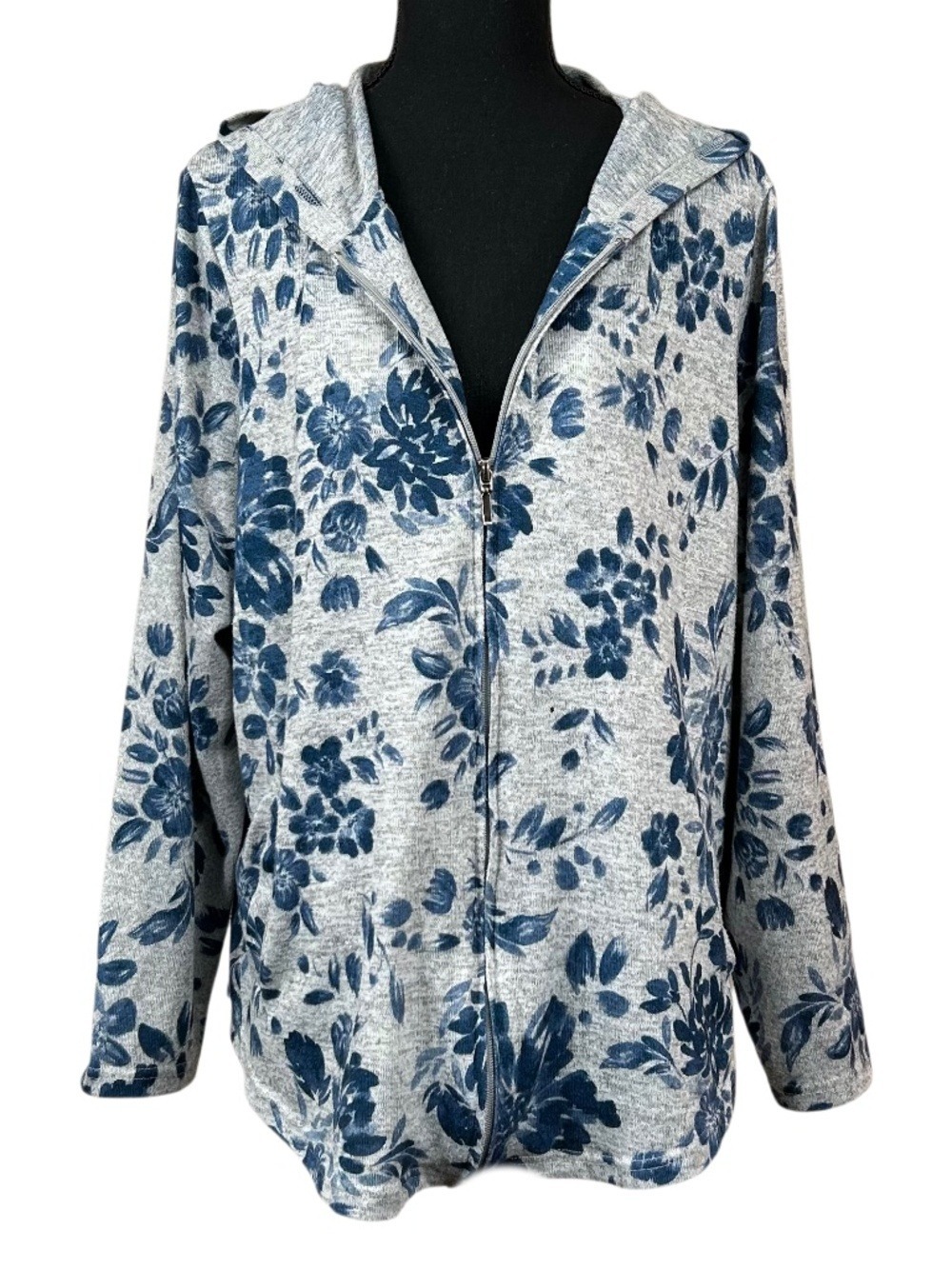 Croft & Barrow Blue Gray Floral Full Zip Hoodie Size 1X